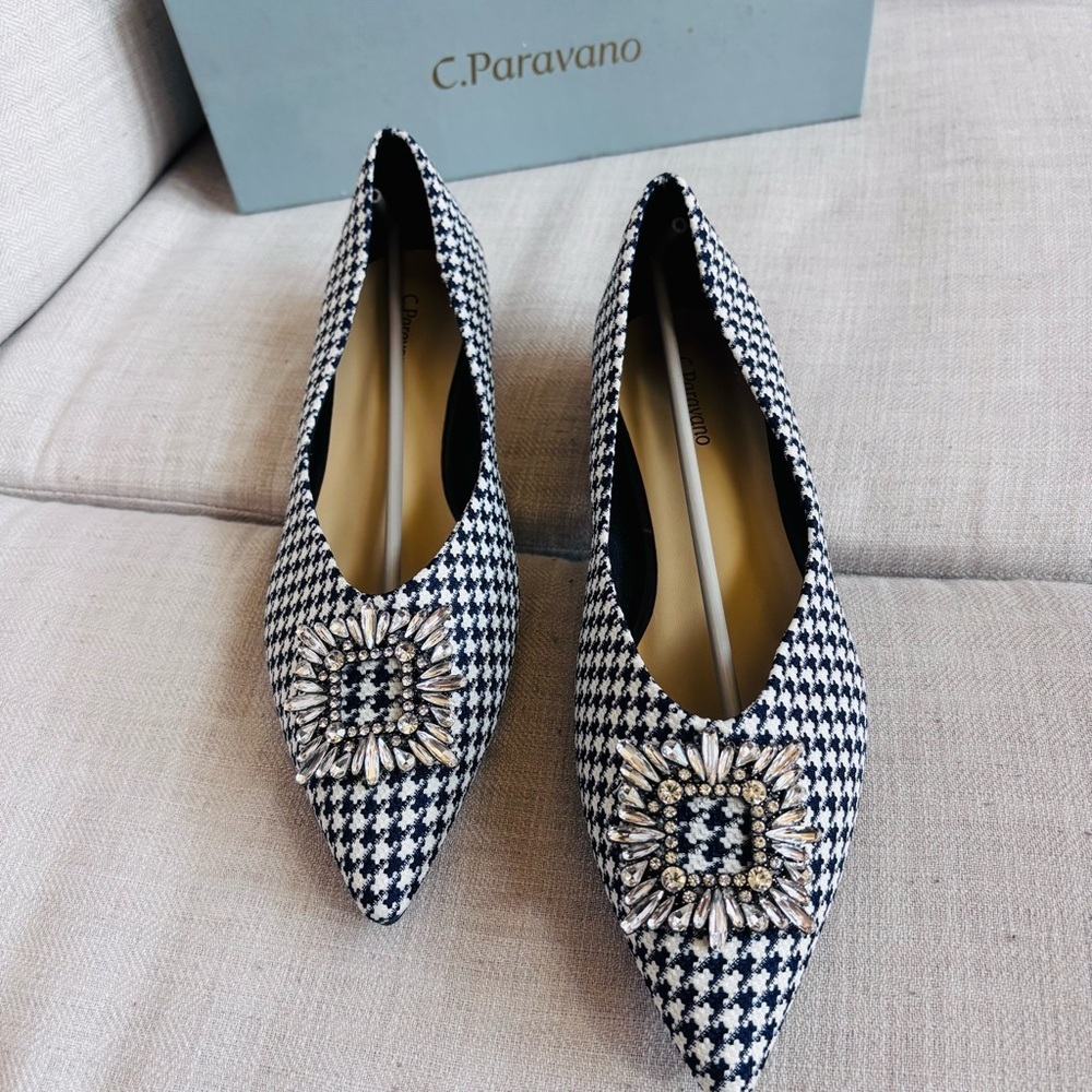 C.Paravano Women’s Crystal Buckle Tweed Flats (Aida) Size 41 10.5us Black &White